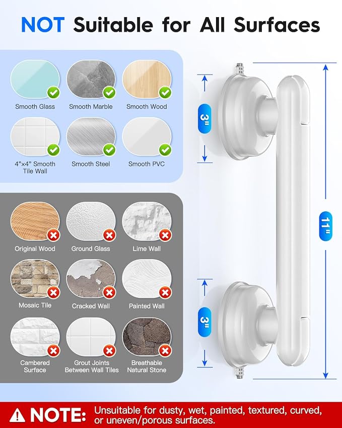 Upgraded 2-Pack Grab Bars for Shower Bathroom Wall, Heavy-Duty Suction Grab Bars Shower Handle Safety for Elderly Seniors Handicap, No Drilling Tool-Free, Easy Removal and Reusable (White)