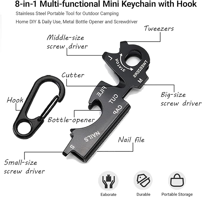Heavy Duty Keychains with Carabiner Clip,8-in-1 Multi-Tool,EDC Essentials with Screwdrivers(3 Bits),Bottle Opener & Survival Functions,Mini Tool as Gift (Black+Silver)