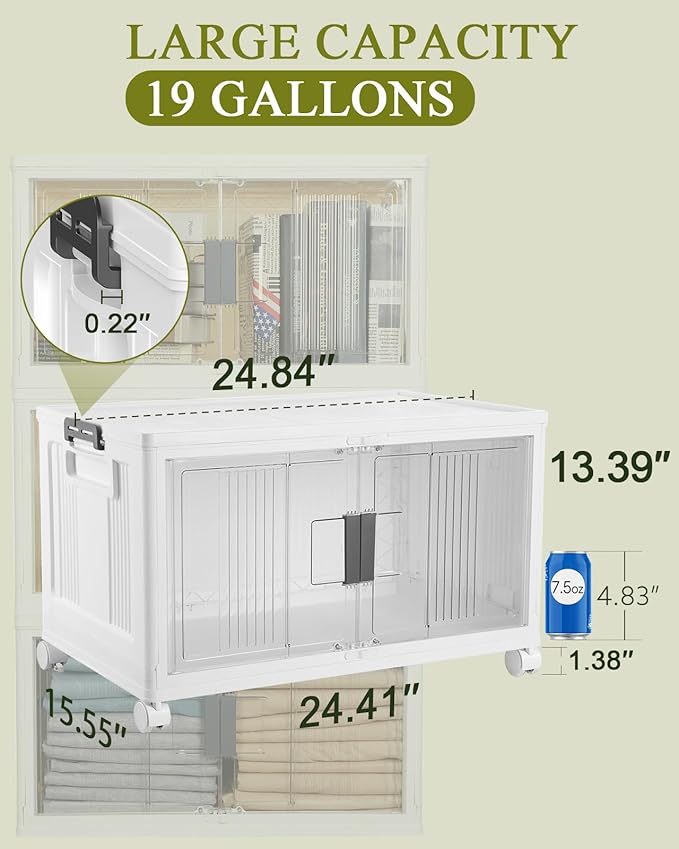 OlarHike 76QT Lockable Storage Bins with Lids - Folding Storage Box with Doors & Wheels, Collapsible Plastic Bins for Home, Dorm, Closets, Office, School, Stackable Containers, 4 Pack Cubes