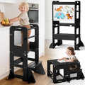 Woodure 4-in-1 Toddler Kitchen Step Stool, Learning Standing Tower with Whiteboard, Wooden Kitchen Stool Helper for Kids, 1-3 Year Old Boy Girl Gifts-Black