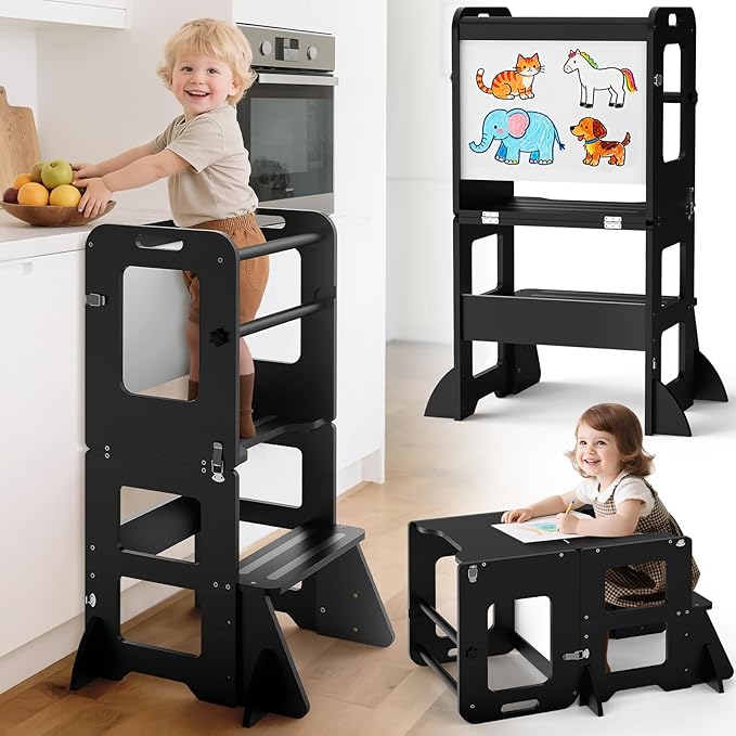 Woodure 4-in-1 Toddler Kitchen Step Stool, Learning Standing Tower with Whiteboard, Wooden Kitchen Stool Helper for Kids, 1-3 Year Old Boy Girl Gifts-Black