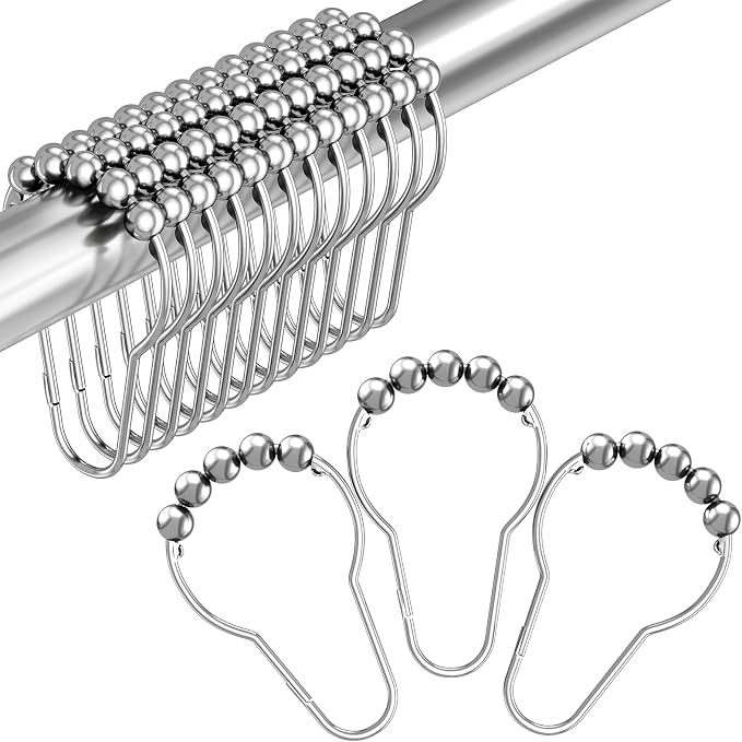 Amazer Shower Curtain Hooks, Decorative Shower Curtain Hooks Rust Proof Stainless Steel Shower Curtain Hooks, Shower Hooks for Shower Curtain Bathroom 12PCS, Polished Chrome