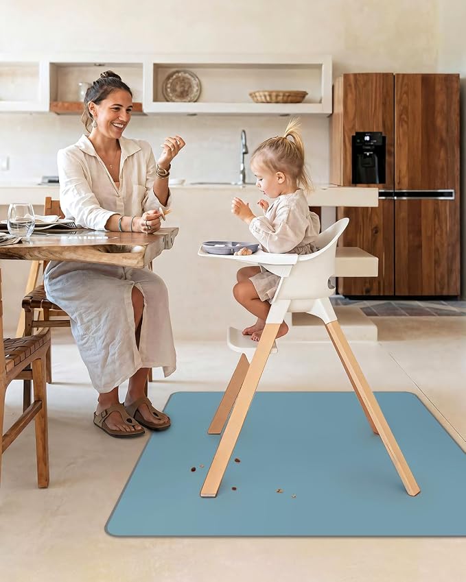 Blissful Diary Baby Splat Mat for Under High Chair, 50.4 x 50.4 Inch Wipeable Splash Mat, Waterproof and Washable, Anti-Slip Floor Protector, Slate Blue