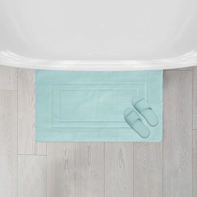 Feather & Stitch 2 Piece Towel Like Bath Mats (30x21 Inch) 100% Cotton Terry Bath Mats, Bathroom Shower Floor Mats [NOT A Bathroom Rug], Soft Absorbent Washable Mats - Sea Foam