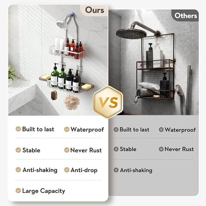 Shower Caddy Hanging, Never Rust Shower Organizer Hanging, Aluminum Shower Racks for Inside Shower with Hooks for Razor, Bathroom Organizers and Storage with Soap Holder, Bright Silver