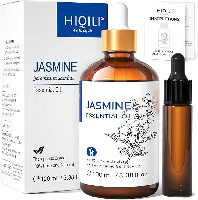 HIQILI Jasmine Essential Oil, Pure & Natural Jasmine Oil for Diffuser, Perfume, Shampoo, Aromatherapy-3.8 Fl Oz/100 ML