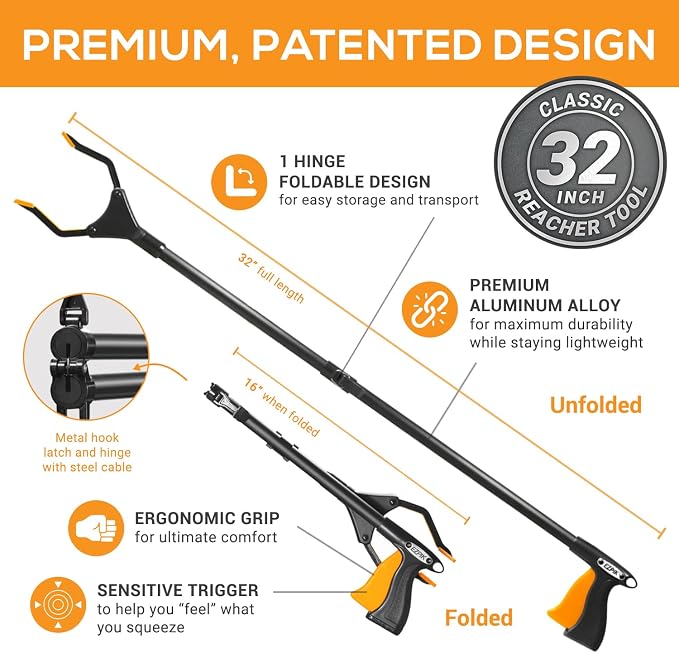 EZPIK Classic 32” Folding Grabber Reacher Tool with Dual Magnets, Heavy Duty Trash Picker Upper Grabber for Seniors & Disabled Users, Aluminum Pickup Tool for Everyday Reaching Aids (Black, 2 Pack)