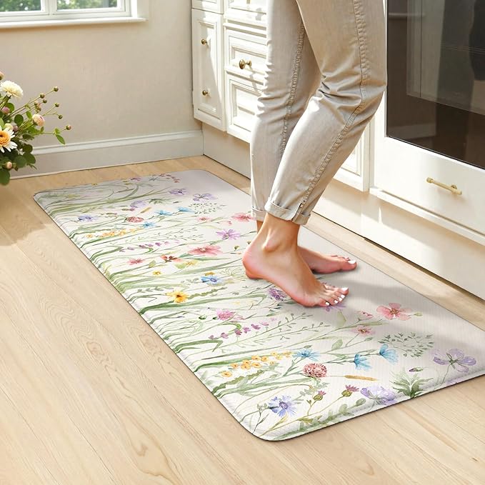 KIMODE Anti Fatigue Mats for Kitchen Floor, 20"x39" White Floral Kitchen Rug, Cushioned Kitchen Floor Mat Non Slip, Memory Foam Standing Mat for Sink Laundry Office Desk