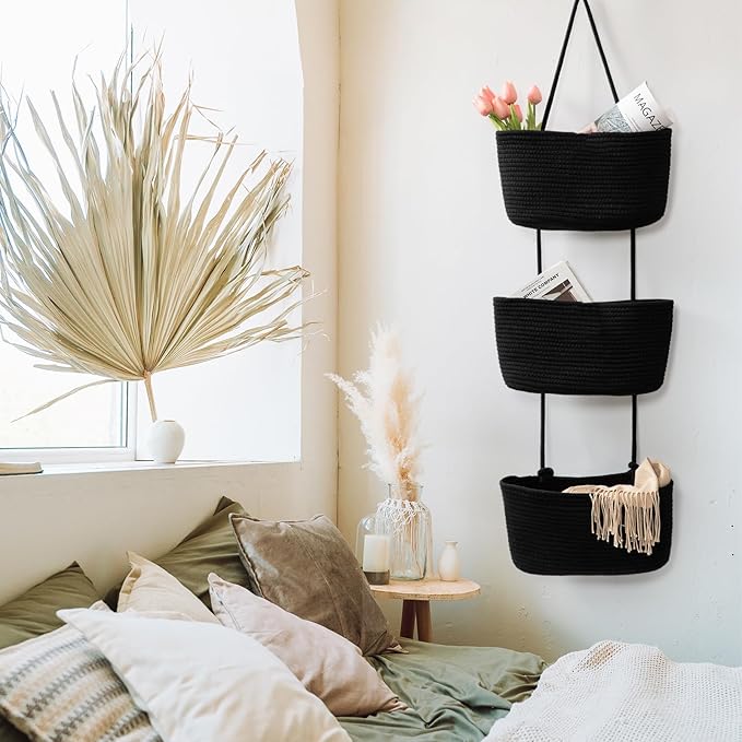 TeoKJ Over the Door Hanging Basket, 3-Tier Woven Cotton Wall-Mounted Storage Organizer Bag Decorative Hanging Nursery Baskets, Black