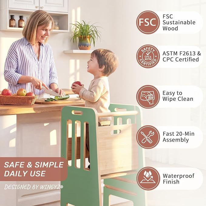 WINGYZ Toddler Tower - Anti-Tip Natural Wood Learning Stool Helper for Kids 18M-6Y, 150lb Capacity Kitchen Stool with 3-Height Adjustable Platform and Sliding Door Access, 20lb Portable Design, Green