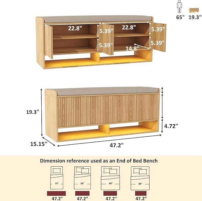 HOMEFORT 47.2" Fluted Shoe Storage Bench, Entryway Bench with Linen Seat Cushion, Shoe Cabinet Bench with Adjustable Shelf and Built-in LED Sensor Light, Bench for Bedroom End of Bed, Natural Oak