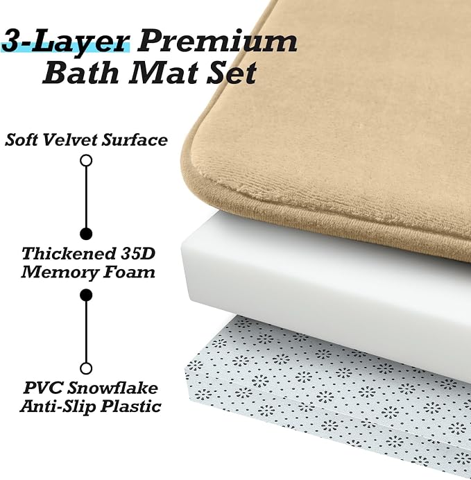 HUXMEYSON Bathroom Rugs Sets 2 Piece, Non-Slip & Quick Dry Bath Mat Set, Ultra Soft Velvet Bath Rugs for Bathroom, Toilet and Shower Floor, Khaki