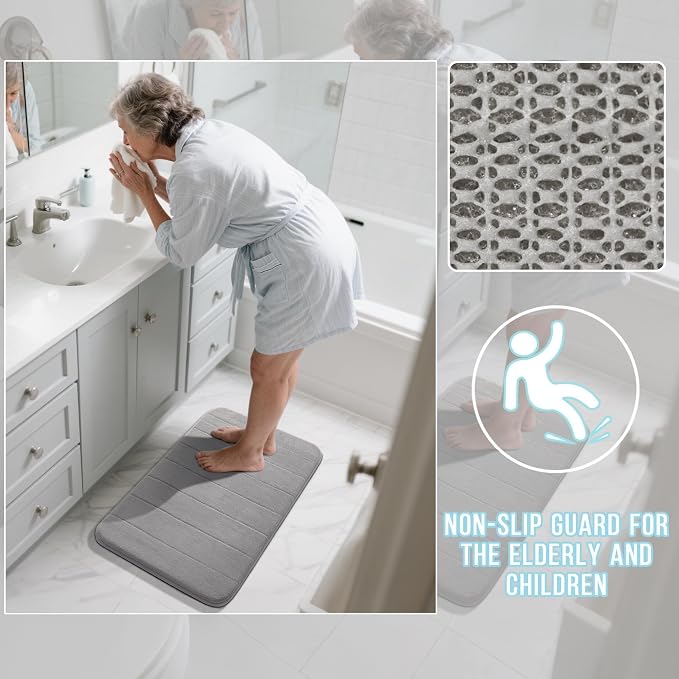 Yimobra Memory Foam Bath Mat Set 3 Pieces- Super Soft Absorbent Quick Dry Bathroom Rug Sets, Machine Washable Non Slip Floor Carpet for Tub Shower, Vanity & Toilet Base, Gray