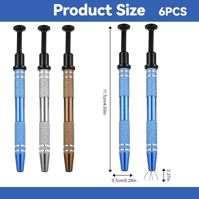6 Pcs Stainless Steel 4-Claw Pick up Tool, Piercing Ball Grabber Tool, Jeweler's Pick Up Holder, Small Parts Grabber for Electronic Components, Pearl, Diamond, Gem (Brown, Black, Silver）