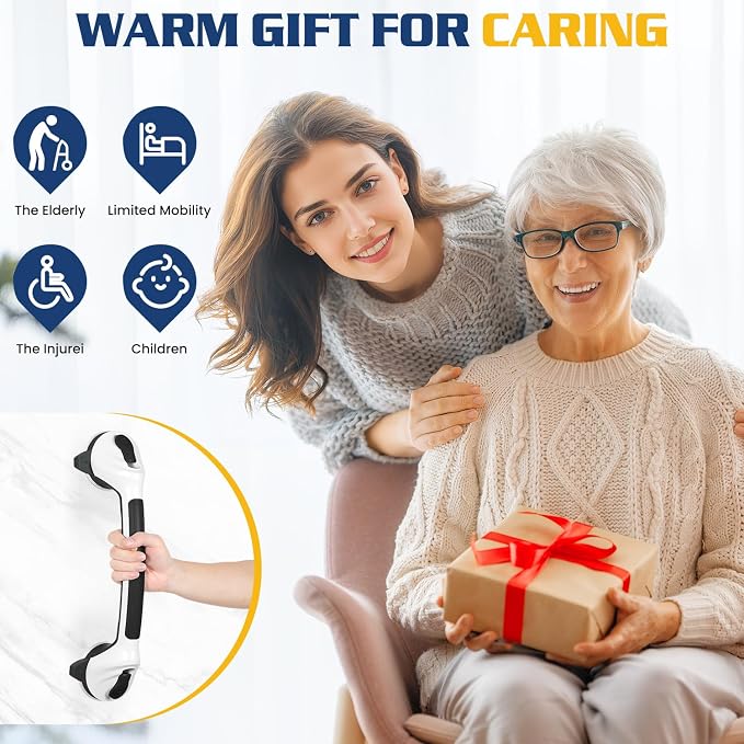 KVANT Shower Grab Bars for Seniors, 16.5 Inch Shower Handle (Black White) | Safety Signal Indicators, Strong Suction Cup, Easy Installation, No Drill, Removable, Anti-Slip, Waterproof