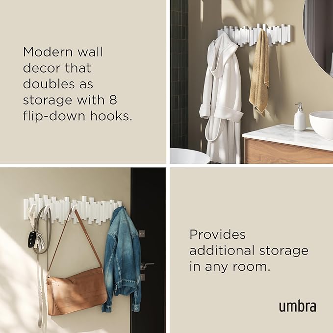 Umbra Sticks Wall-Mounted Coat Rack Rail Hook with 8 Retractable Pegs – Modern, Space-Saving Storage Organizer, White