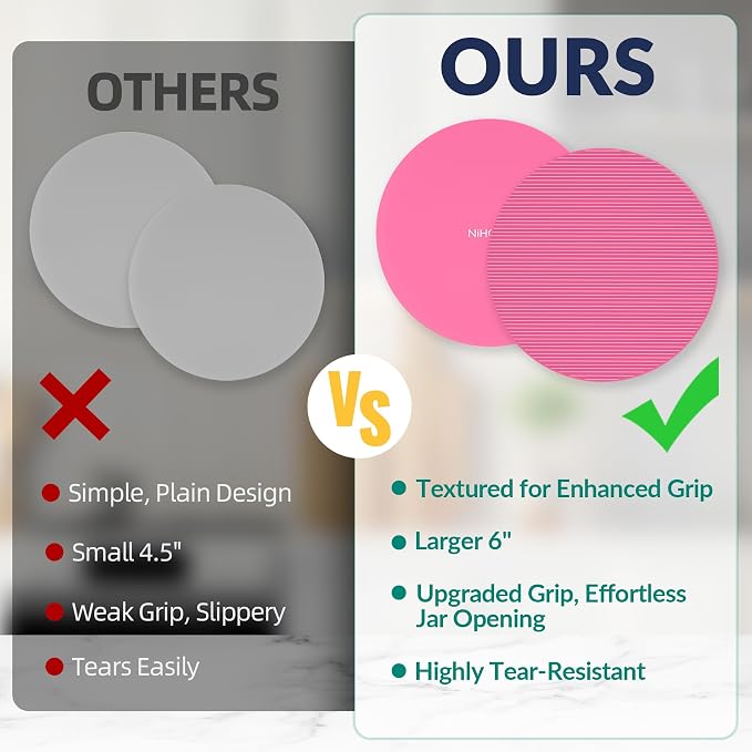 NIHOME Silicone Jar Opener – 6 Inch Large Anti-Slip Grip Pads, Premium 100% Food-Grade Silicone, Stylish Designer Colors, Multi-Purpose Heat-Resistant Mat & Coaster, Set of 4 (pink series)