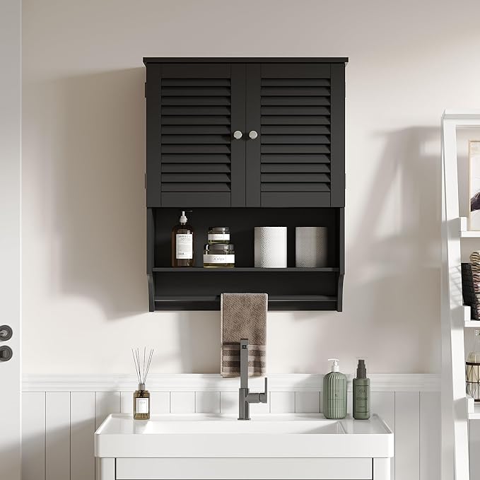 ChooChoo Bathroom Wall Cabinet with Towels Bar, 23.6" L x 8.8" W x 29.5" H MDF Material Medicine Cabinet, 2 Doors Over The Toilet Space Saver Storage Cabinet with Large Space, Black