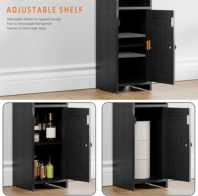 Lomojo Small Bathroom Storage Cabinet, Toilet CabinetFreestanding Bathroom Organizer for Small Spaces, Narrow Toilet Paper Corner Floor with Door and Shelves,Black