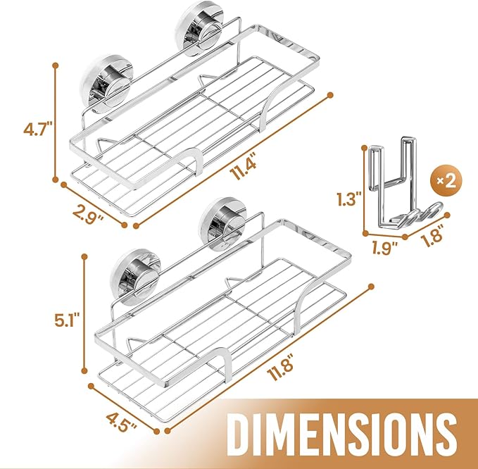 LEVERLOC Shower Caddy Suction Cup 2 Pack, Shower Shelf for Inside, Large Capacity Bathroom Organizers and Storage, Rustproof & Waterproof Metal Bath Basket, Silver