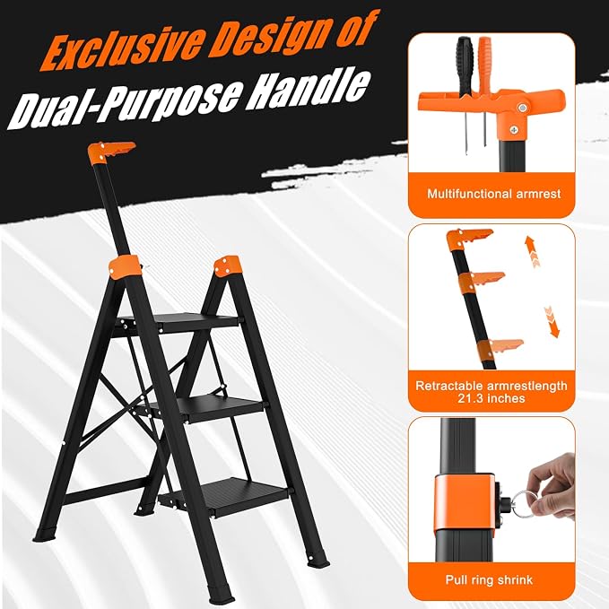 3 Step Ladder with Single Handrail,Retractable Handgrip 3 Folding Step Stool,Lightweight Aluminum Step Ladder 3 Step Folding,600lbs Max Load Capacity for Household,Kitchen,Office