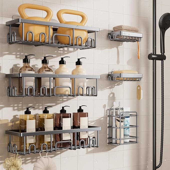 Veken Shower Caddy 6-Pack, No Drilling & Rustproof, Waterproof Adhesive Shelves Rack with Soap Holder, Large Capacity Bathroom Organizers and Storage, Wall-Mounted Kitchen & Home Decor, Silver Gray