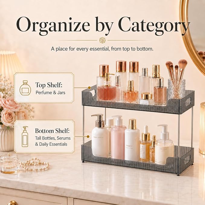 Goderewild Bathroom Counter Organizer, Multi-Purpose Cosmetics Skincare Shelf, Makeup Organizer for Vanity Tray, Countertop Storage Solution for Kitchen and Bath. (Smoky Gray, 2-Tier)