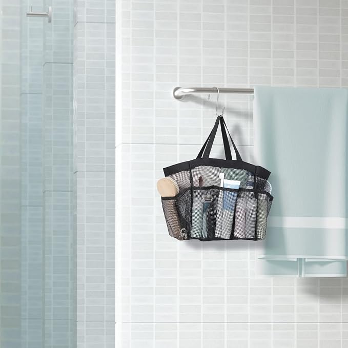 F-color Mesh Shower Caddy Portable with Dividers - Upgrade Deeper 7 Pockets Dorm Room Essentials with S Hook, Shower Bag Basket Tote for Guys Girls College Camping Toiletry Bathroom, Black