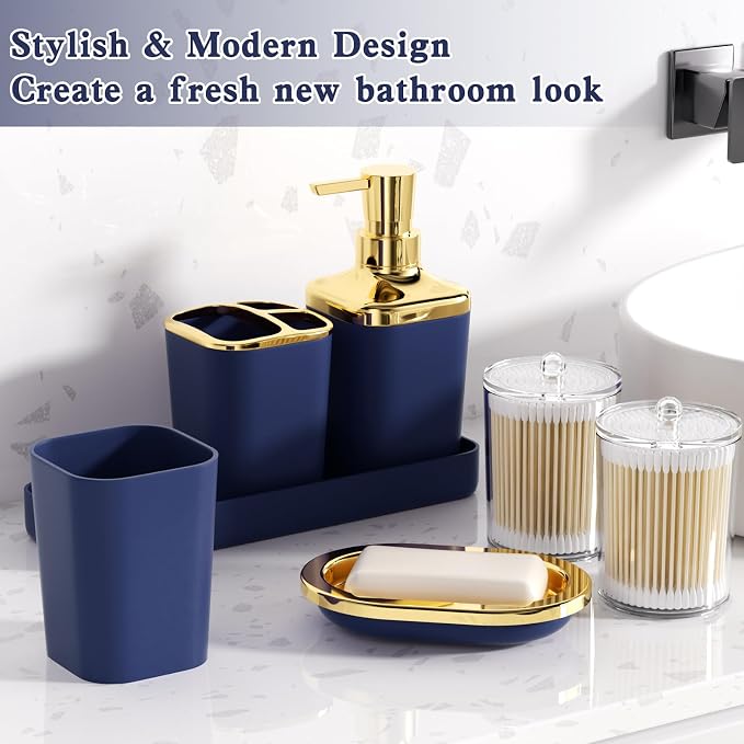 XLHOMO Blue and Gold Bathroom Accessories Set, Bathroom Sets with Shower Curtain, Blue Bathroom Accessories with Trash Can, Soap Dispenser, Soap Dish, Toilet Brush Holder, Qtip Holders for Bathroom