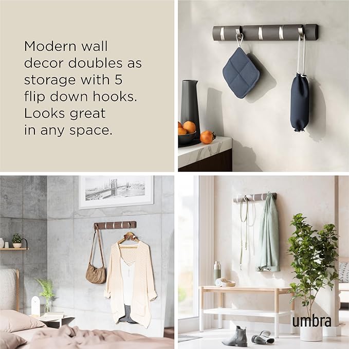 Umbra Flip Wall-Mounted Coat Rack with 5 Hooks – Modern, Space-Saving Storage for Hats, Jackets, Bags, Entryway, Mudroom, Closet, Bathroom, Bedroom – Driftwood/Nickel
