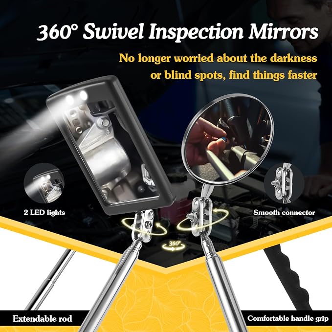 Housolution 360° Flexible Magnetic Flashlight, 32" Telescoping Magnetic Pickup Tool, Gift for Mens, 1&15lbs Magnet Stick, 35” Inspection Mirror Adjustable, Birthday Gifts for Husband, Dad, Father