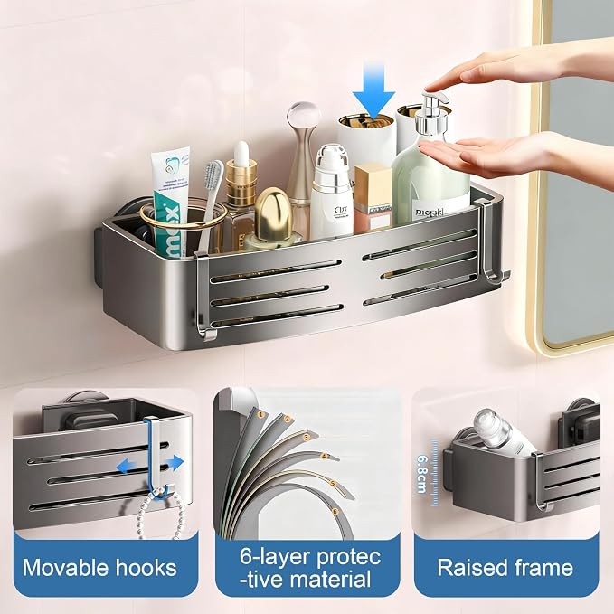 2Pcs Suction Cup Shower Caddy,Upgrade Extra-Strong Suction Shower Shelves with Hooks,No Drilling Waterproof & Rustproof Bathroom Organizers and Storage,Reusable Shower Racks for Shampoo and Toiletries