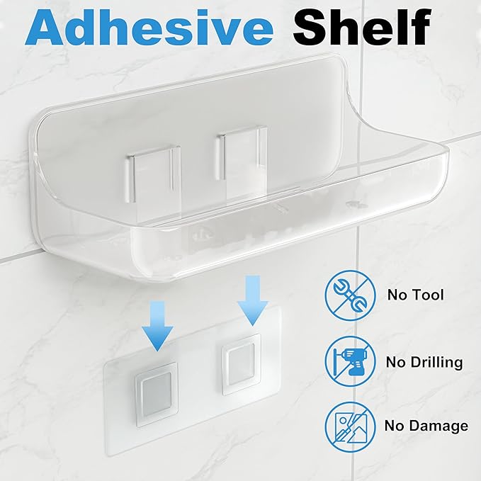 6 Pack Acrylic Bathroom Shelves, Clear Adhesive Stick on Shelf with 12 Pack Adhesive