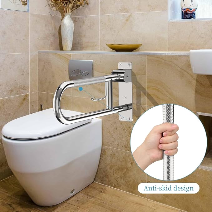 Toilet Grab Bar 24 Inch Chrome, Munzong Anti-Slip Handicap Grab Bars with Paper Holder, Flip-Up Bathroom Safety Rails, Stainless Steel Knurled Support handrails for Seniors Elderly Disabled Pregnant