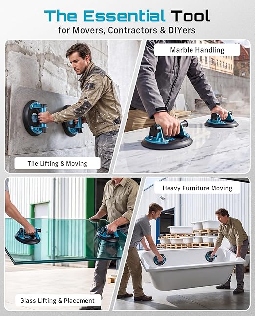 SEESII Suction Cups for Glass Lifting: 8" Tile Suction Cup Lifter with Handle and Pump, 200KG Load Capacity Heavy Duty Vacuum Lifter for Lifting Large Tile, Granite, Metal, Windows (2-Pack)
