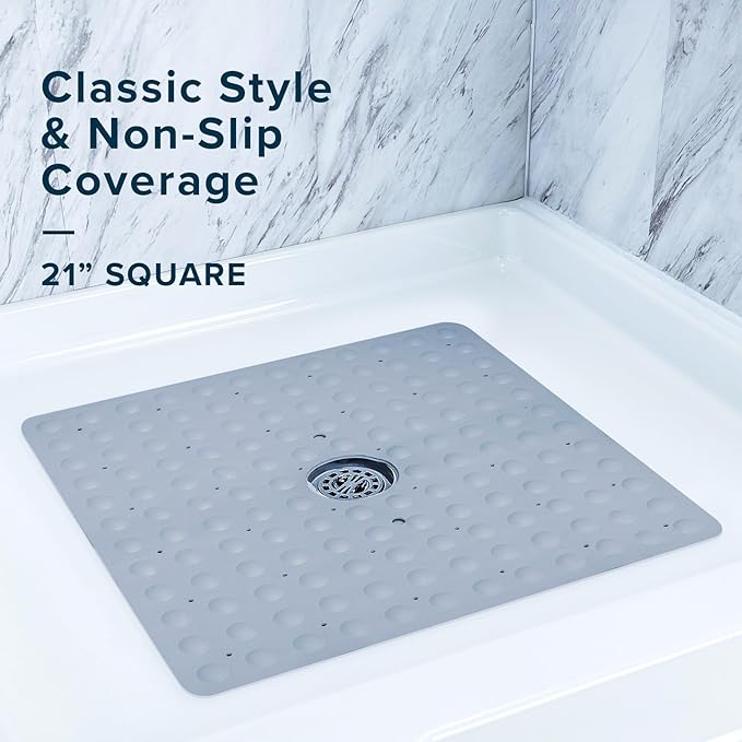 SlipX Solutions Square Natural Rubber Shower Stall Mat, 21” x 21”, Mildew Resistant, Non Slip Safety, Antimicrobial Product Protection, 140 Power Grip Suction Cups, Center Drain Hole, Gray