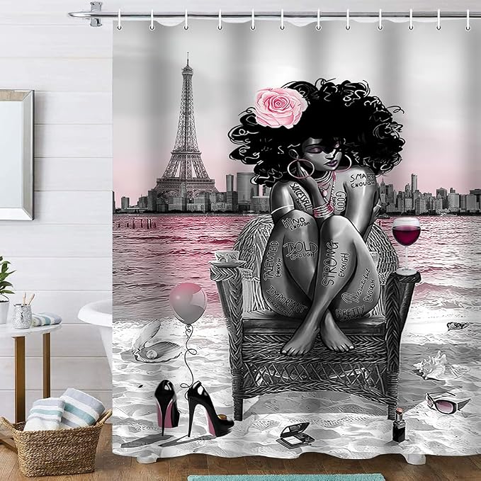 4Pcs Black Girls Bathroom Sets with Shower Curtain and Rugs, African Shower Curtain Set for Women, Eiffel Tower Pink Pattern Waterproof Fabric with 12 PCS Hooks, Cortina de baño Set completo