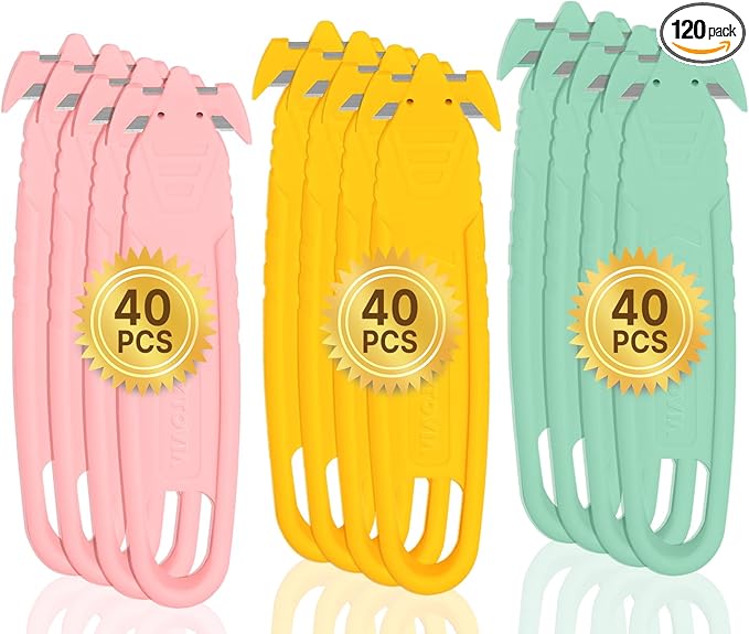 120 Pcs Safety Box Cutter T TOVIA SK2 Stainless Steel Concealed Blade Package Opener for Shrink Wrap, Stretch Wrap, Plastic Straps and Tape - Assorted Colors