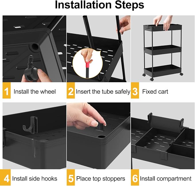 SPACELEAD 3 Tier Rolling Cart with Wheels, Storage Craft Art Trolley Organizer Serving, 3 Hanging Baskets Easy Assembly, for Office, Bathroom，Living Room, Kitchen, Black