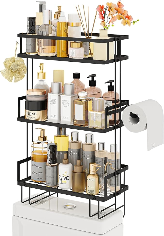 Godboat Bathroom Organizers and Storage, 3-Tier Wall Shelves, Over Toilet Rack with Paper Holder and 2 Hooks, Floating Shelf & Accessories, Gifts for Women, Mom, Mothers Day (Black)