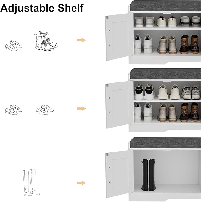 Homleke 2-Tier Storage Bench, Shoe Bench with Thickened Padded Seat Cushion, Entryway Bench with 4 Doors, Adjustable Shelf, 13.8" D x 45.3" W x 18.5" H, for Entryway, Living Room, Bedroom, White