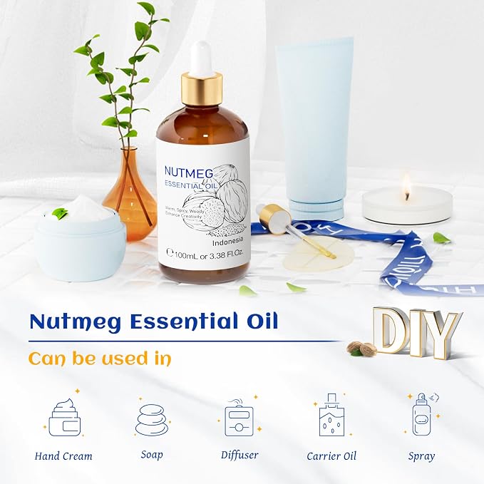 HIQILI Nutmeg Essential Oil 3.38 Fl Oz, Pure Natural Nutmeg Oil for Aromatherapy, Diffuser - 100ml