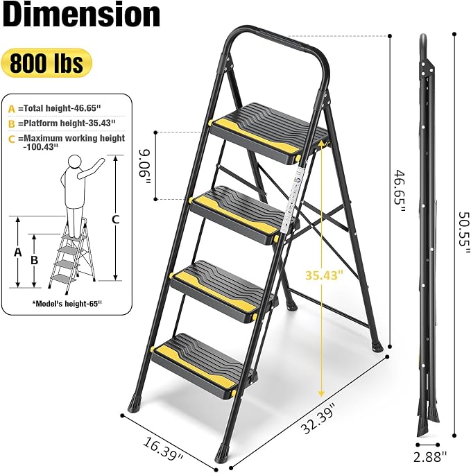 Urackify 4 Step Ladder, Heavy-Duty Pass 800lb Capacity Test, Wide Anti-Slip Steps & Secure Handrail Compact, Folding Step Stool Portable Design for Home, Kitchen, Office, Pantry, Closet Use, Black