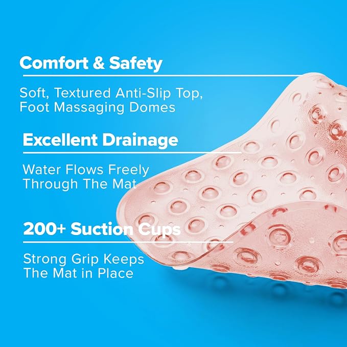 SlipX Solutions Power Grip Extra Long Bath Tub & Shower Mat 39x16, Wet Floor Non-Slip for Elderly & Kids Bathroom, 30% Longer Bathtub Mats, 200 Suction Cups, Drain Holes (1, Translucent Coral)