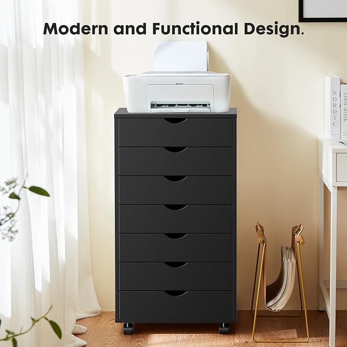 OLIXIS 7 Drawer Mobile File Cabinet Under Desk Storage Organization with Wheels Vertical Filing Chest Rolling Wood Small Desk Printer Stand for Home Office, 15.75"D x 18.74"W x 34.25"H, Black