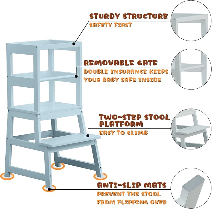 Kitchen Step Stool for Toddlers with Non-Slip Mat, WOOD CITY Wooden Kids Montessori Learning Stool Tower, Toddler Standing Tower Helper for Kitchen Counter and Bathroom Sink(Grey-Blue)