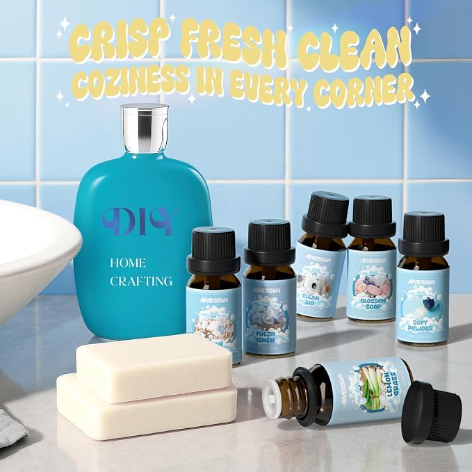 ARVIDSSON Clean Essential Oils Set, Natural Fragrance Oil for Diffuser, Soap Making - Fresh Linen, Clean Home, Fresh Cotton, Soft Powder, Blossom Soap, Lemongrass, Refreshing Scented Oils for Home