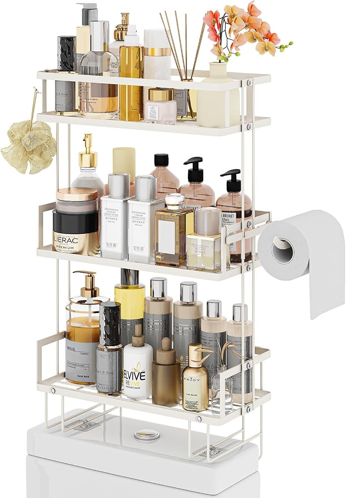 Godboat Bathroom Organizers and Storage, 3-Tier Over The Toilet Storage, Wall Shelf with Paper Holder and 2 Hooks, No Drilling Cool Decor and Home Decor, Gifts for Women, Mom, Mothers Day (White)