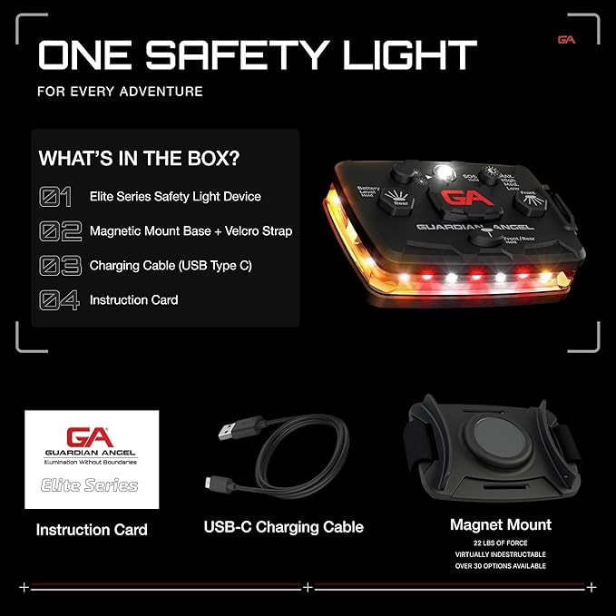 Guardian Angel Elite Series Safety Light (Orange/White/Red Front & Orange Rear) - Rechargeable, Magnetic, Hands-Free Wearable LED Light for Construction, Roadside, Utility, Towing, Hunting, PPE Safety