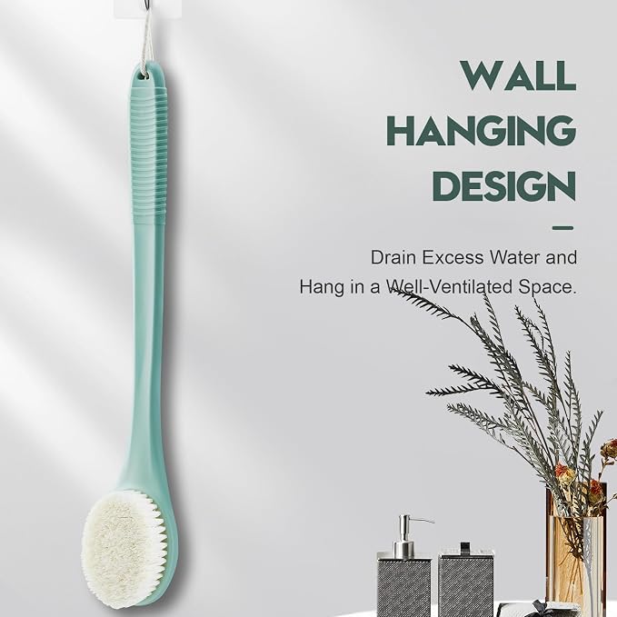 Back Scrubber for Shower, Shower Body Brush for Cleaning with Long Handle for Showering, 17 Inch Back Washer Exfoliator for Shower Men Women with Non-Slip Handle, Adhesive Hook (Pea Green)